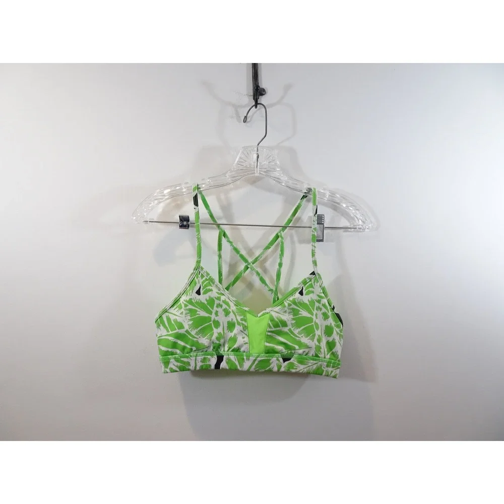 Alo Yoga Womens Strappy Criss Cross Back Tropical Palm Print Sports Bra Green S